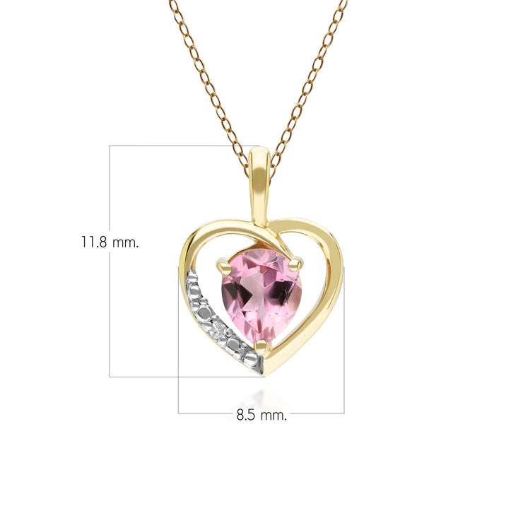 Classic Pear Pink Tourmaline & Diamond Heart Pendant Necklace In 9ct Yellow Gold