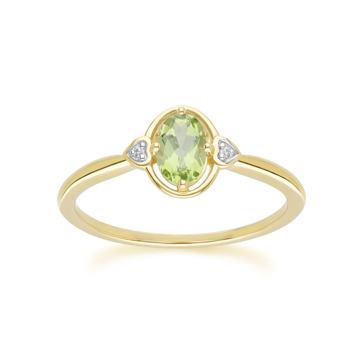 Classic Oval Peridot & Diamond Heart Ring In 9ct Yellow Gold