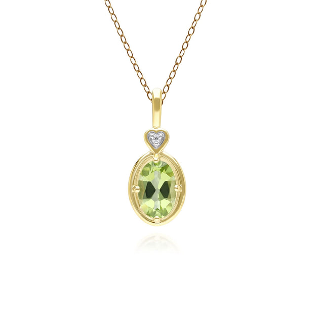 Classic Oval Peridot & Diamond Heart Pendant Necklace In 9ct Yellow Gold