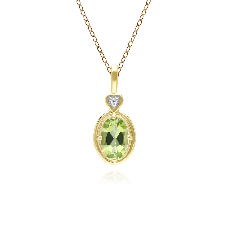 Classic Oval Peridot & Diamond Heart Pendant Necklace In 9ct Yellow Gold