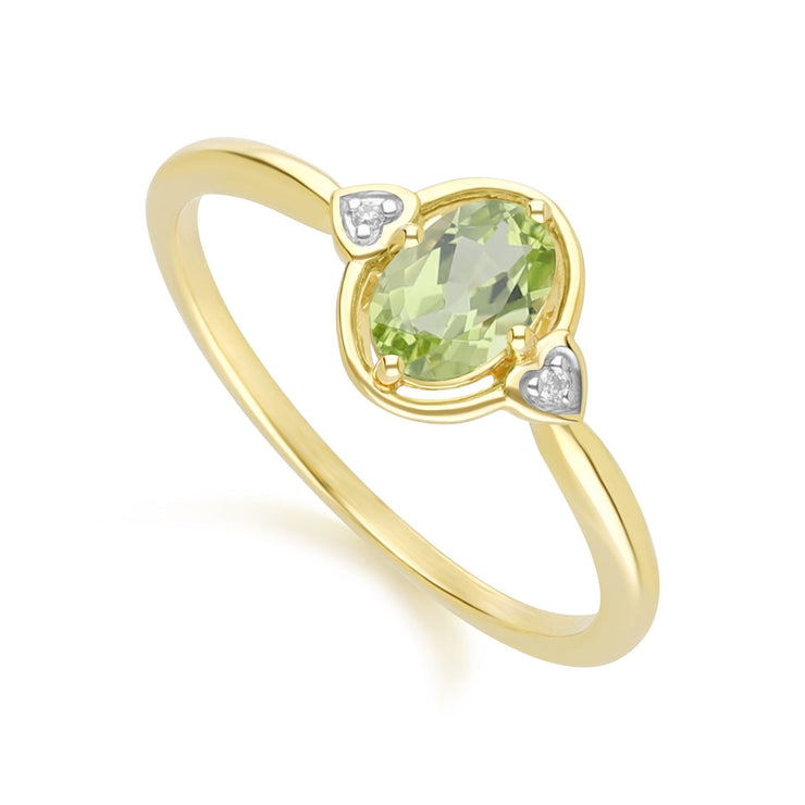 Classic Oval Peridot & Diamond Heart Ring In 9ct Yellow Gold