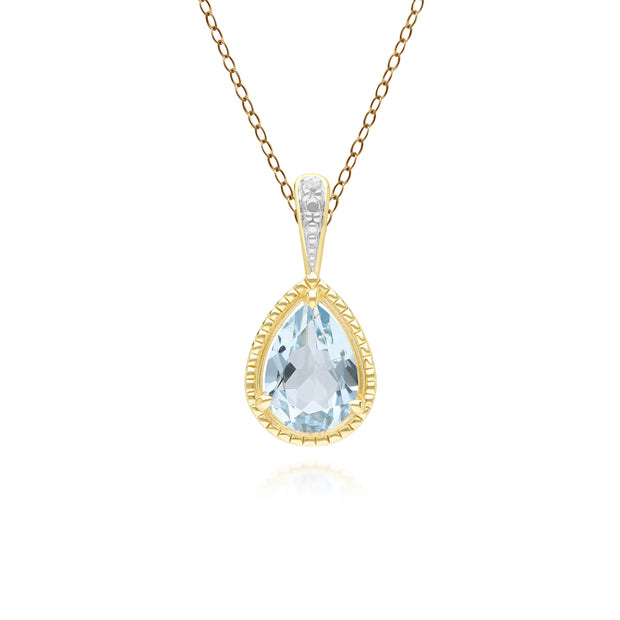 Classic Pear Aquamarine & Diamond Pendant Necklace In 9ct Yellow Gold