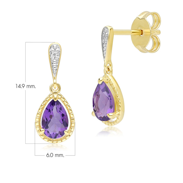 Classic Pear Amethyst & Diamond Drop Earrings In 9ct Yellow Gold