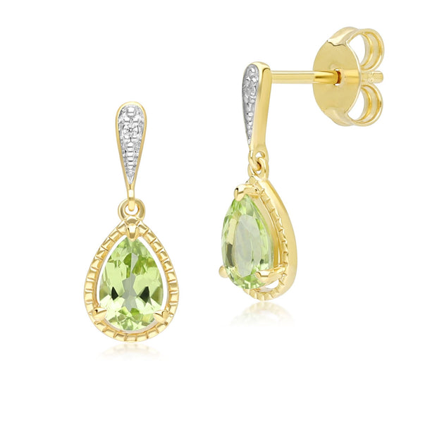 Classic Pear Peridot & Diamond Drop Earrings In 9ct Yellow Gold