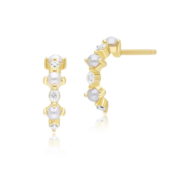 Classic Pearl & Diamond Half Eternity Hoop Earrings in 9ct Yellow Gold