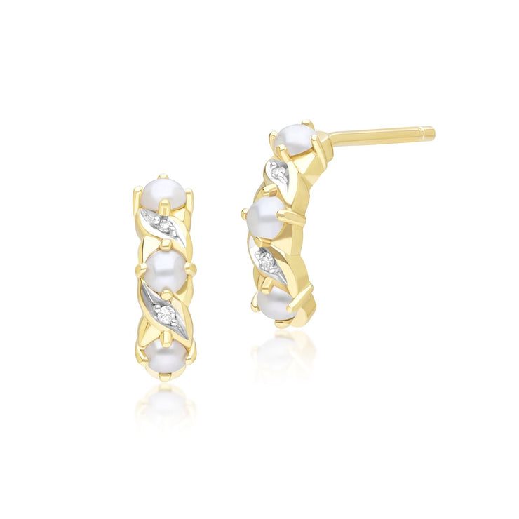 Classic Art Nouveau Style Pearl & Diamond Half Eternity Hoop Earrings in 9ct Yellow Gold