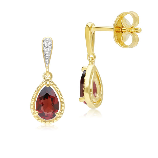 Classic Pear Garnet & Diamond Drop Earrings In 9ct Yellow Gold