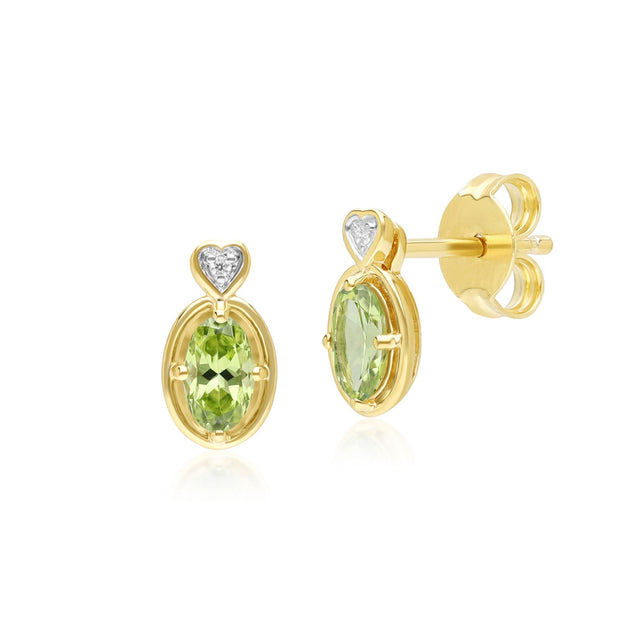 Classic Oval Peridot & Diamond Heart Stud Earrings In 9ct Yellow Gold