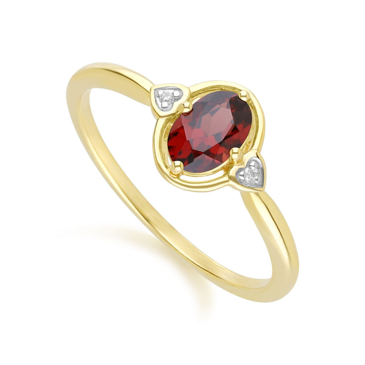 Classic Oval Garnet & Diamond Heart Ring In 9ct Yellow Gold