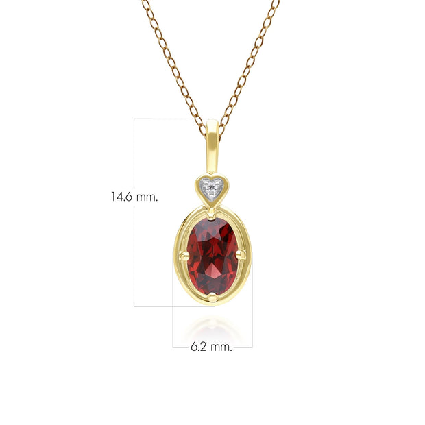 Classic Oval Garnet & Diamond Heart Pendant Necklace In 9ct Yellow Gold