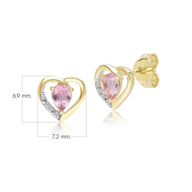 Classic Pear Pink Tourmaline & Diamond Heart Stud Earrings In 9ct Yellow Gold