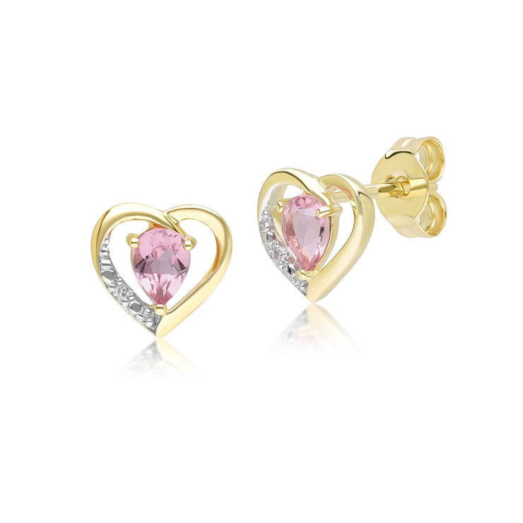 Classic Pear Pink Tourmaline & Diamond Heart Stud Earrings In 9ct Yellow Gold