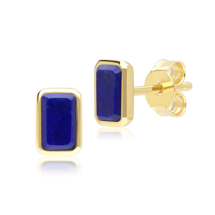 Classic Baguette Lapis Lazuli Stud Earrings in 9ct Yellow Gold