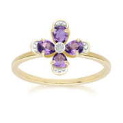 Floral Amethyst & Diamond Ring in 9ct Yellow Gold