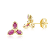 Floral Marquise Ruby Stud Earrings in 9ct Yellow Gold