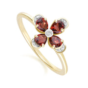 Floral Garnet & Diamond Ring in 9ct Yellow Gold