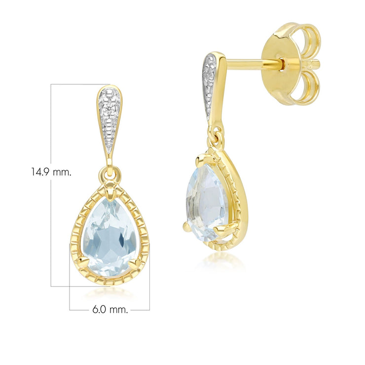 Classic Pear Aquamarine & Diamond Drop Earrings In 9ct Yellow Gold