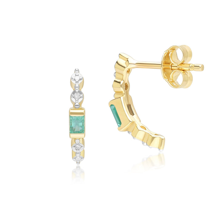 Classic Baguette Emerald & Diamond Half Eternity Hoop Earrings in 9ct Yellow Gold