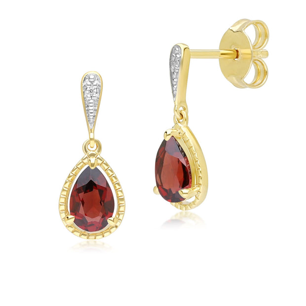 Classic Pear Garnet & Diamond Drop Earrings In 9ct Yellow Gold