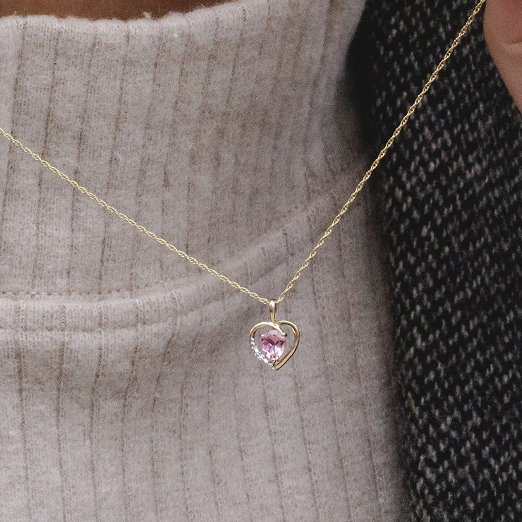 Classic Pear Pink Tourmaline & Diamond Heart Pendant Necklace In 9ct Yellow Gold