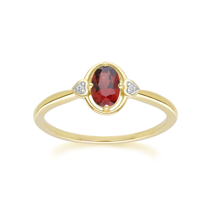 Classic Oval Garnet & Diamond Heart Ring In 9ct Yellow Gold