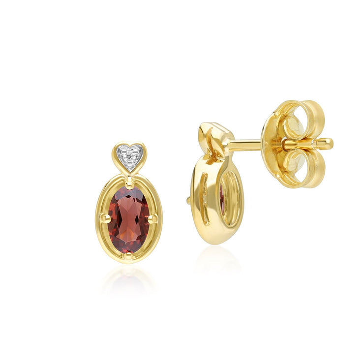 Classic Oval Garnet & Diamond Heart Stud Earrings In 9ct Yellow Gold