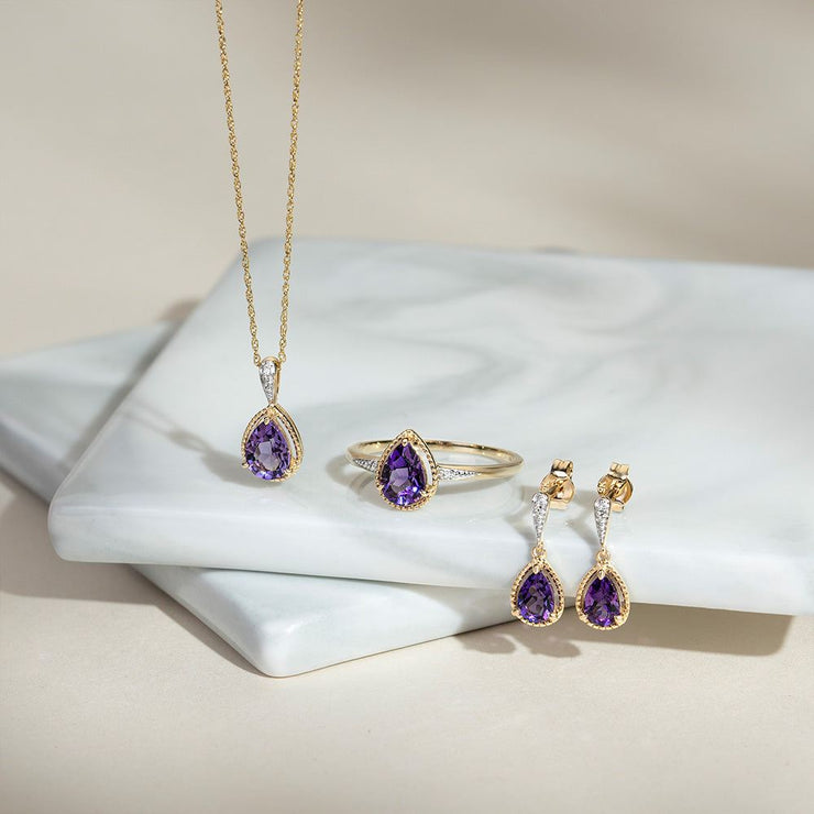 Classic Pear Amethyst & Diamond Pendant Necklace In 9ct Yellow Gold