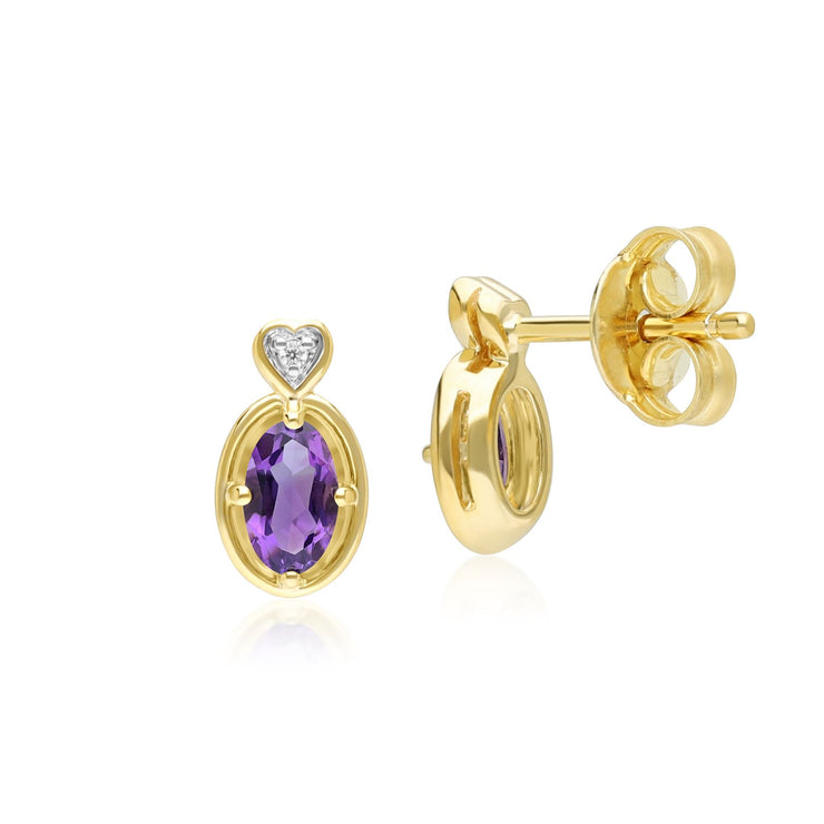 Classic Oval Amethyst & Diamond Heart Stud Earrings In 9ct Yellow Gold