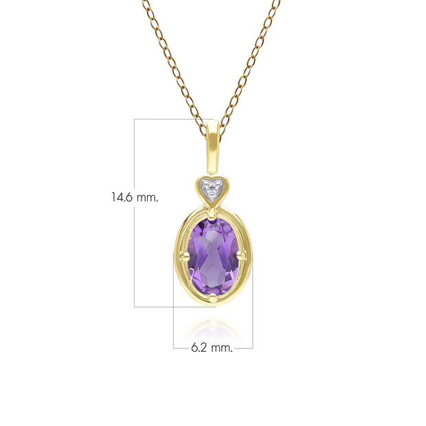 Classic Oval Amethyst & Diamond Heart Pendant Necklace In 9ct Yellow Gold