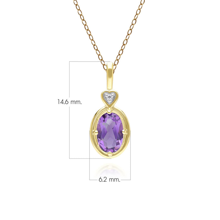 Classic Oval Amethyst & Diamond Heart Pendant Necklace In 9ct Yellow Gold