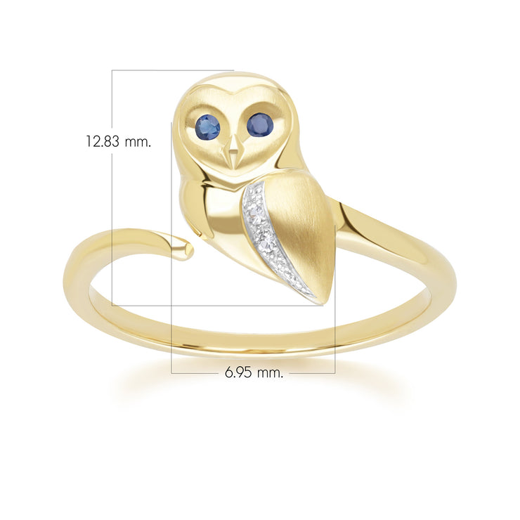 Gardenia Sapphire and White Sapphire Owl Ring in 9ct Yellow Gold