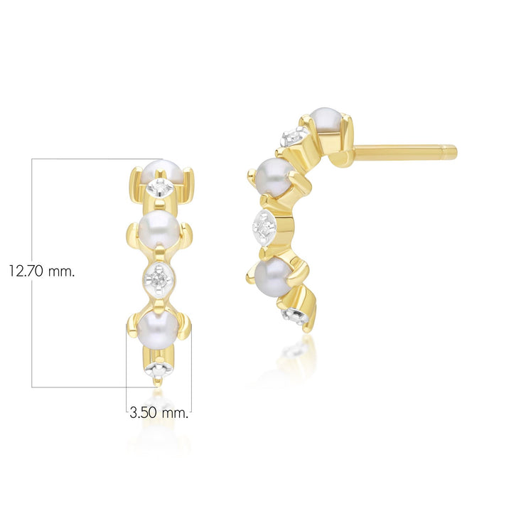 Classic Pearl & Diamond Half Eternity Hoop Earrings in 9ct Yellow Gold