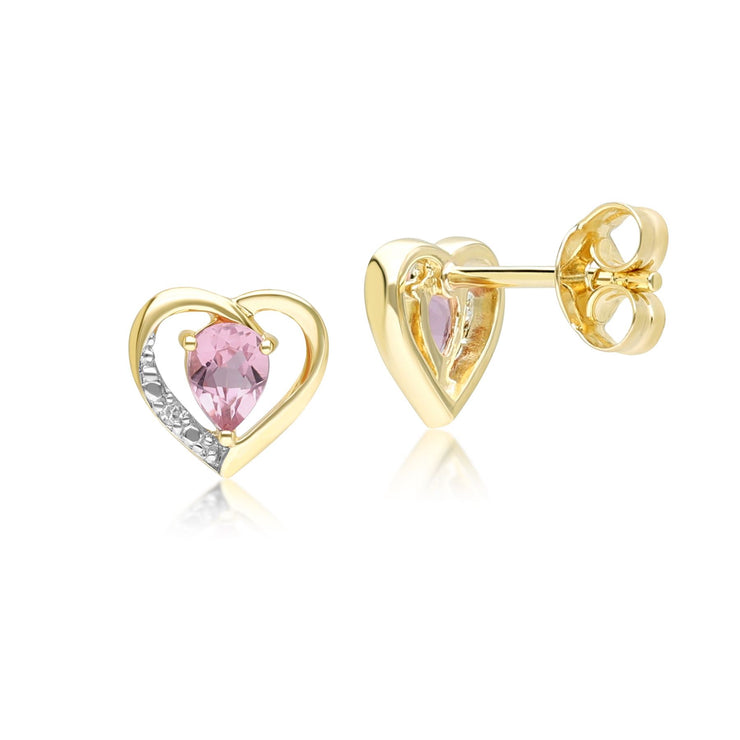 Classic Pear Pink Tourmaline & Diamond Heart Stud Earrings In 9ct Yellow Gold