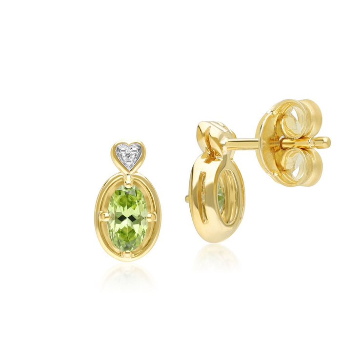 Classic Oval Peridot & Diamond Heart Stud Earrings In 9ct Yellow Gold