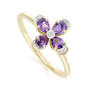 Floral Amethyst & Diamond Ring in 9ct Yellow Gold