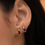 Classic Oval Garnet & Diamond Heart Stud Earrings In 9ct Yellow Gold