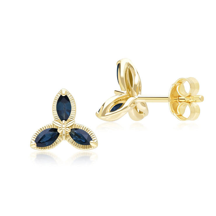 Floral Marquise Sapphire Stud Earrings in 9ct Yellow Gold