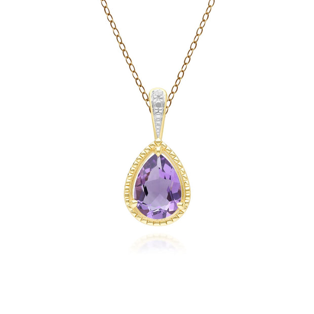 Classic Pear Amethyst & Diamond Pendant Necklace In 9ct Yellow Gold