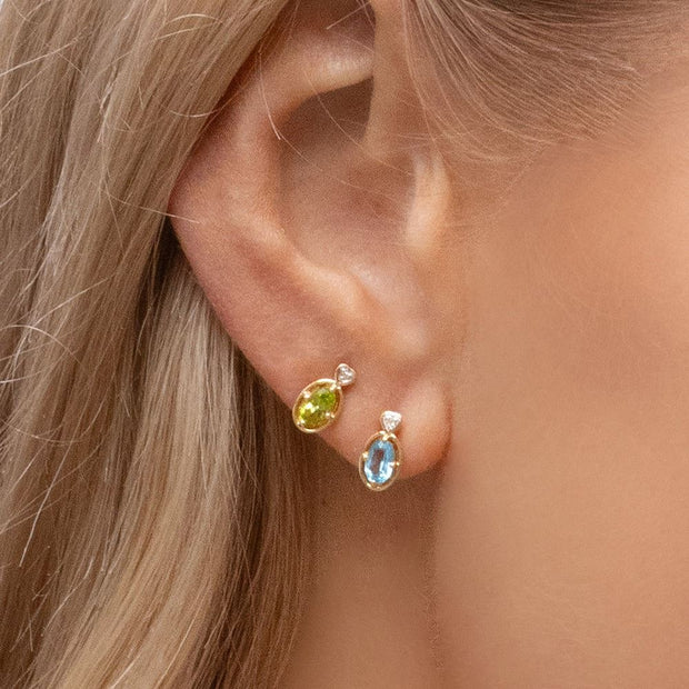 Classic Oval Peridot & Diamond Heart Stud Earrings In 9ct Yellow Gold