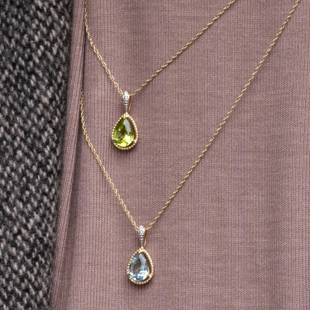 Classic Pear Aquamarine & Diamond Pendant Necklace In 9ct Yellow Gold