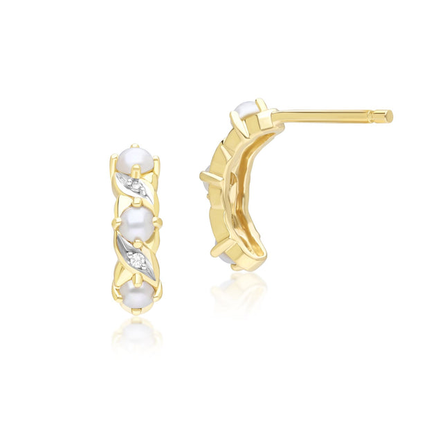 Classic Art Nouveau Style Pearl & Diamond Half Eternity Hoop Earrings in 9ct Yellow Gold