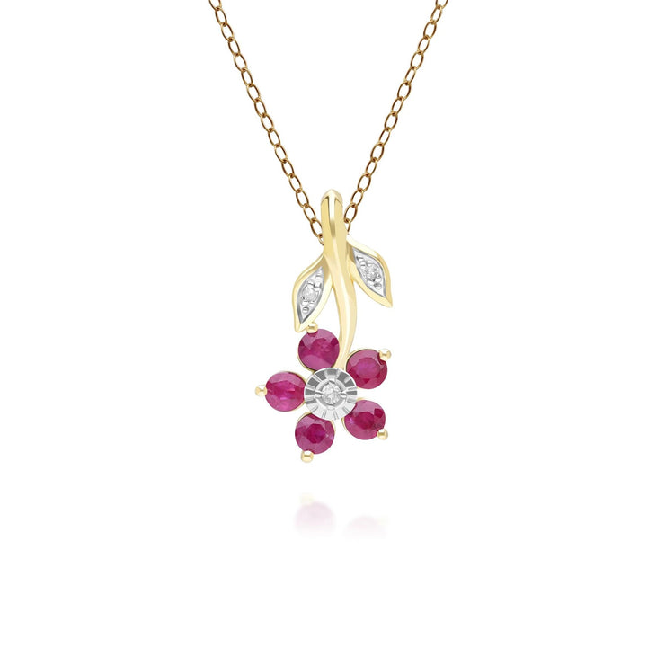 Floral Ruby & Diamond Pendant Necklace in 9ct Yellow Gold