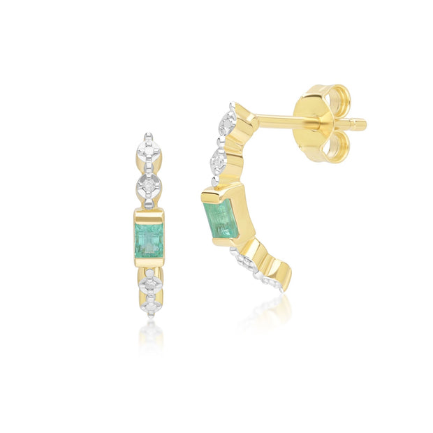 Classic Baguette Emerald & Diamond Half Eternity Hoop Earrings in 9ct Yellow Gold