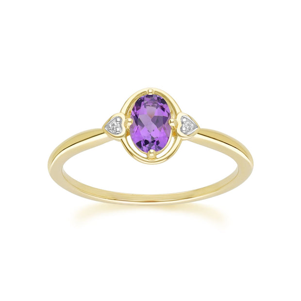 Classic Oval Amethyst & Diamond Heart Ring In 9ct Yellow Gold