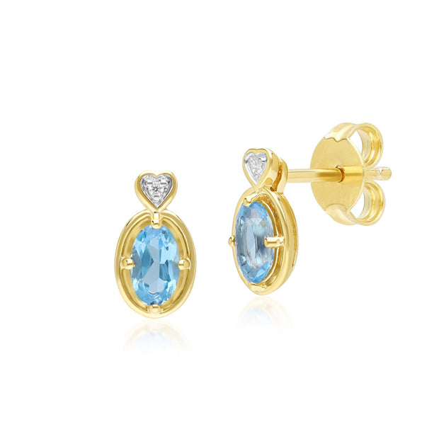 Classic Oval Topaz & Diamond Heart Stud Earrings In 9ct Yellow Gold