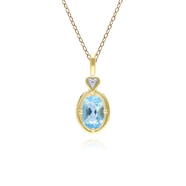 Classic Oval Topaz & Diamond Heart Pendant Necklace In 9ct Yellow Gold