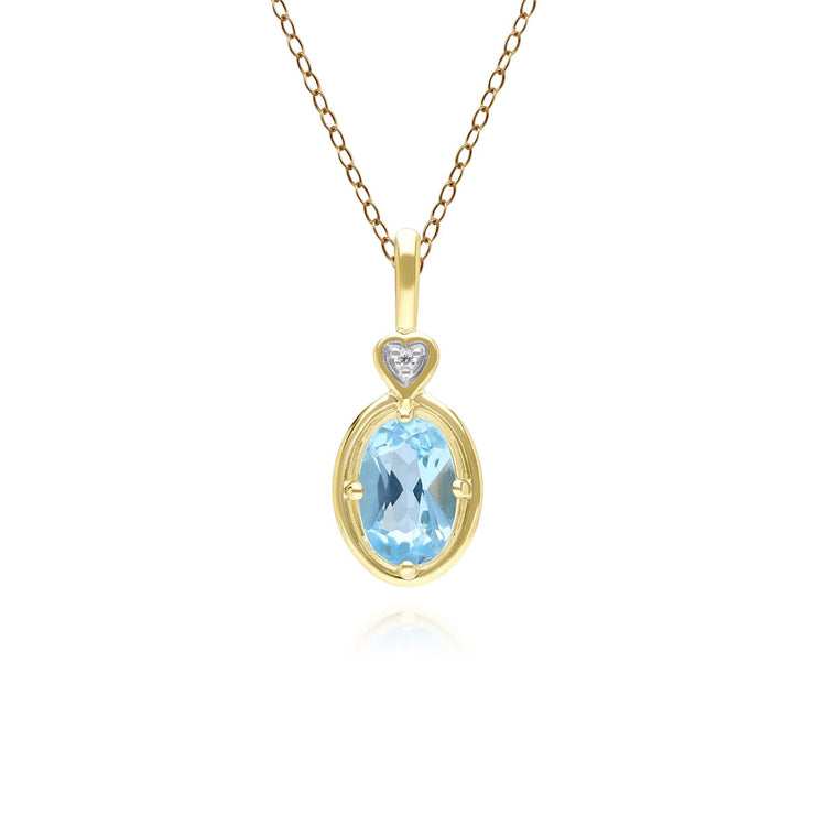 Classic Oval Topaz & Diamond Heart Pendant Necklace In 9ct Yellow Gold