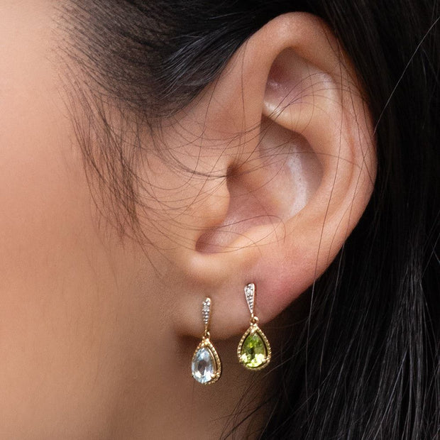 Classic Pear Peridot & Diamond Drop Earrings In 9ct Yellow Gold