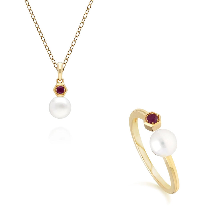 Modern Pearl & Ruby Ring & Pendant Set in 9ct Yellow Gold