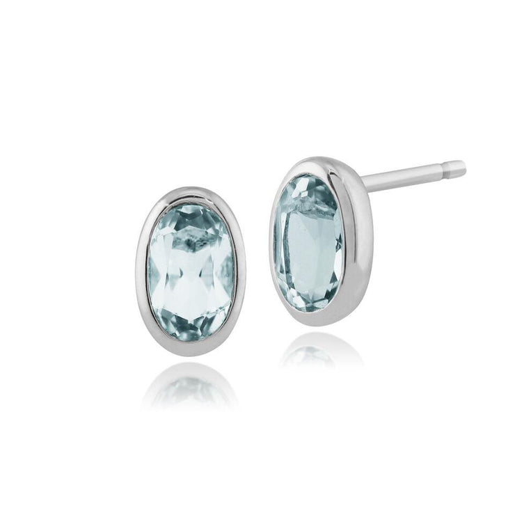 Classic Oval Aquamarine Bezel Stud Earrings & Pendant Set Image 2